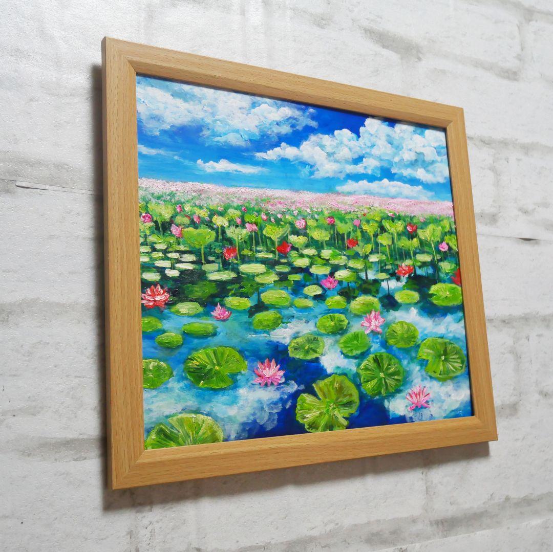 油絵 油彩 油彩画 絵 絵画 【水面映る蓮】