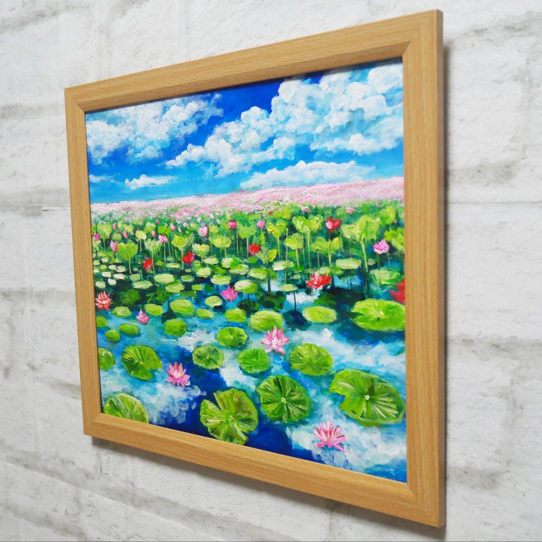 油絵 油彩 油彩画 絵 絵画 【水面映る蓮】