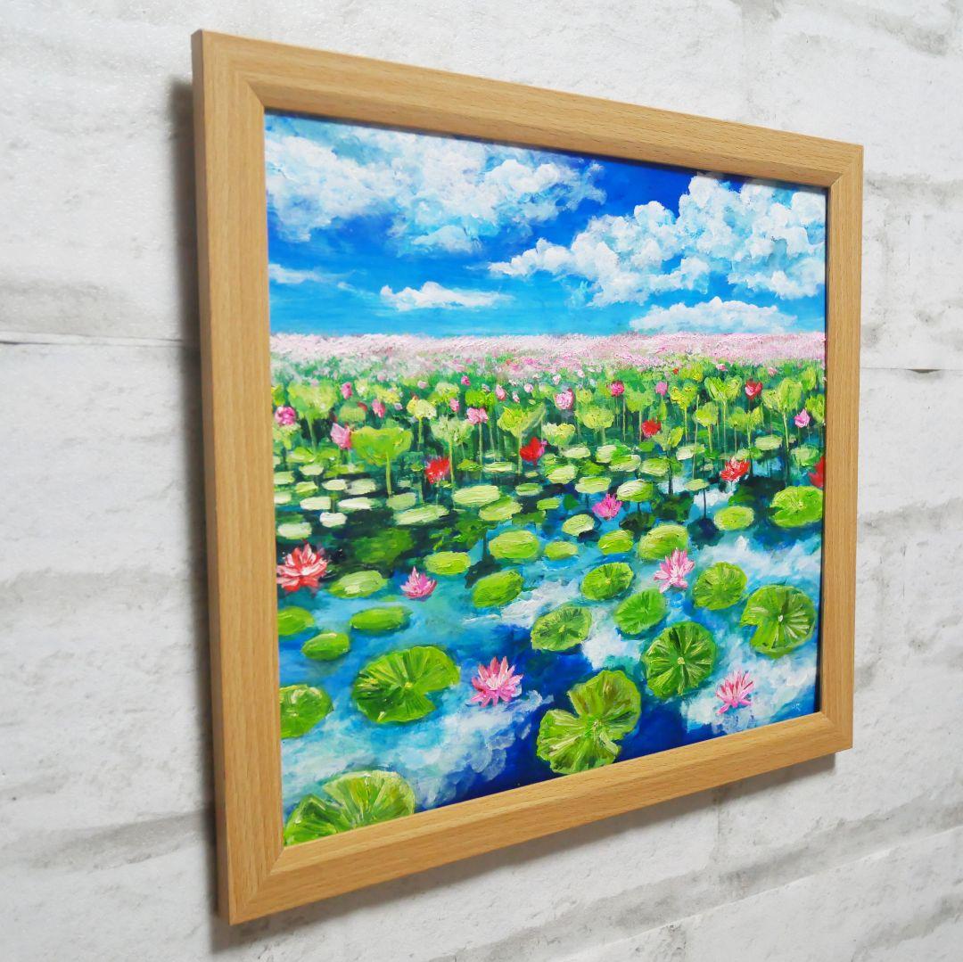 油絵 油彩 油彩画 絵 絵画 【水面映る蓮】