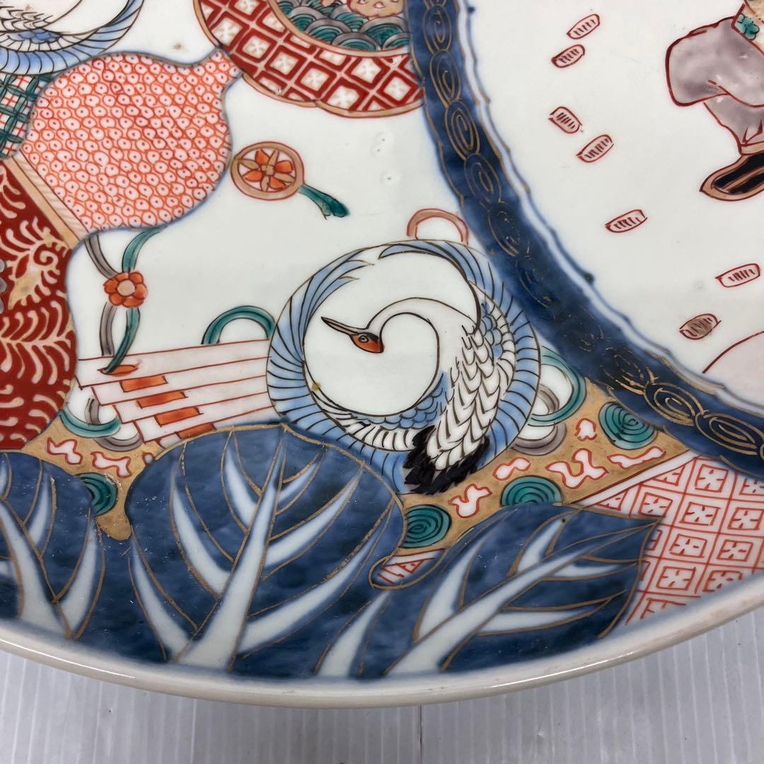 【銘・角冨】古伊万里 金彩色絵 恵比寿・鶴文様 大皿 飾り皿 骨董品 尺一