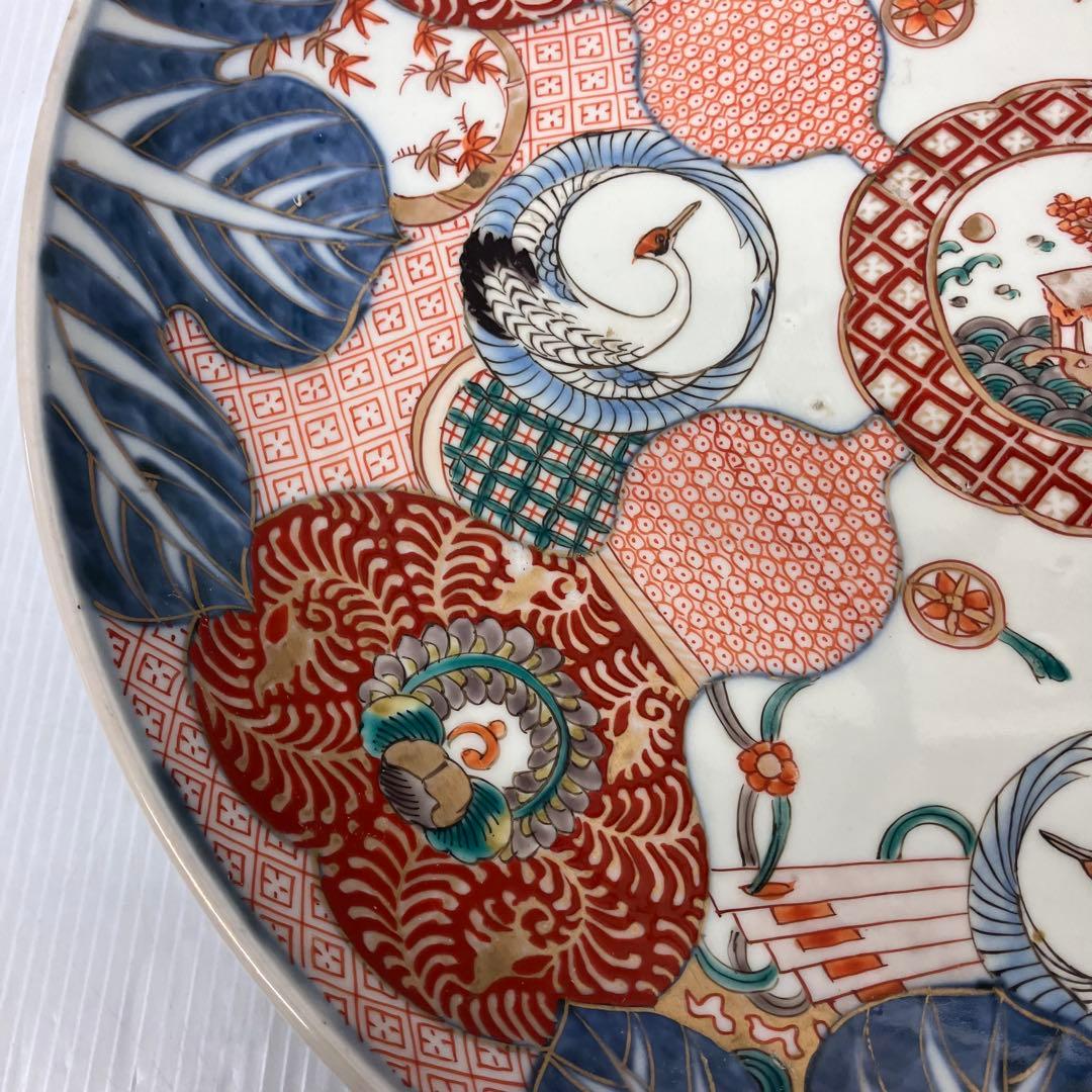 【銘・角冨】古伊万里 金彩色絵 恵比寿・鶴文様 大皿 飾り皿 骨董品 尺一