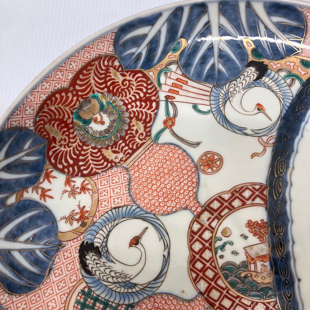 【銘・角冨】古伊万里 金彩色絵 恵比寿・鶴文様 大皿 飾り皿 骨董品 尺一