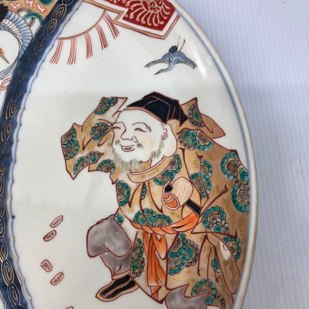 【銘・角冨】古伊万里 金彩色絵 恵比寿・鶴文様 大皿 飾り皿 骨董品 尺一