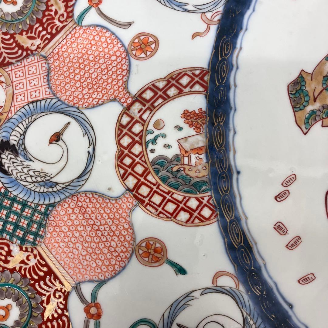 【銘・角冨】古伊万里 金彩色絵 恵比寿・鶴文様 大皿 飾り皿 骨董品 尺一