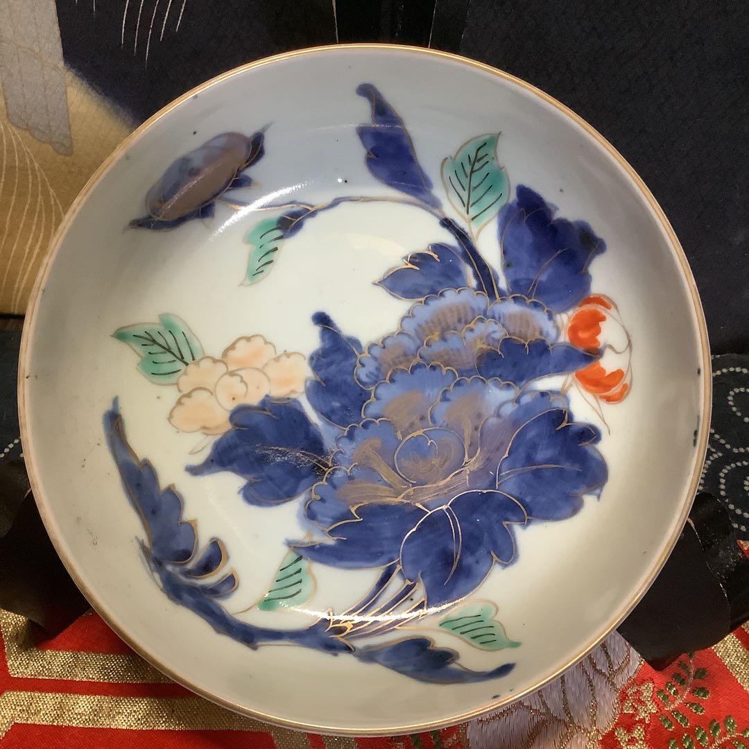 古伊万里　絵皿　江戸　金彩色絵　膾皿　花絵　5客　李朝・九谷焼・輪島塗好きに