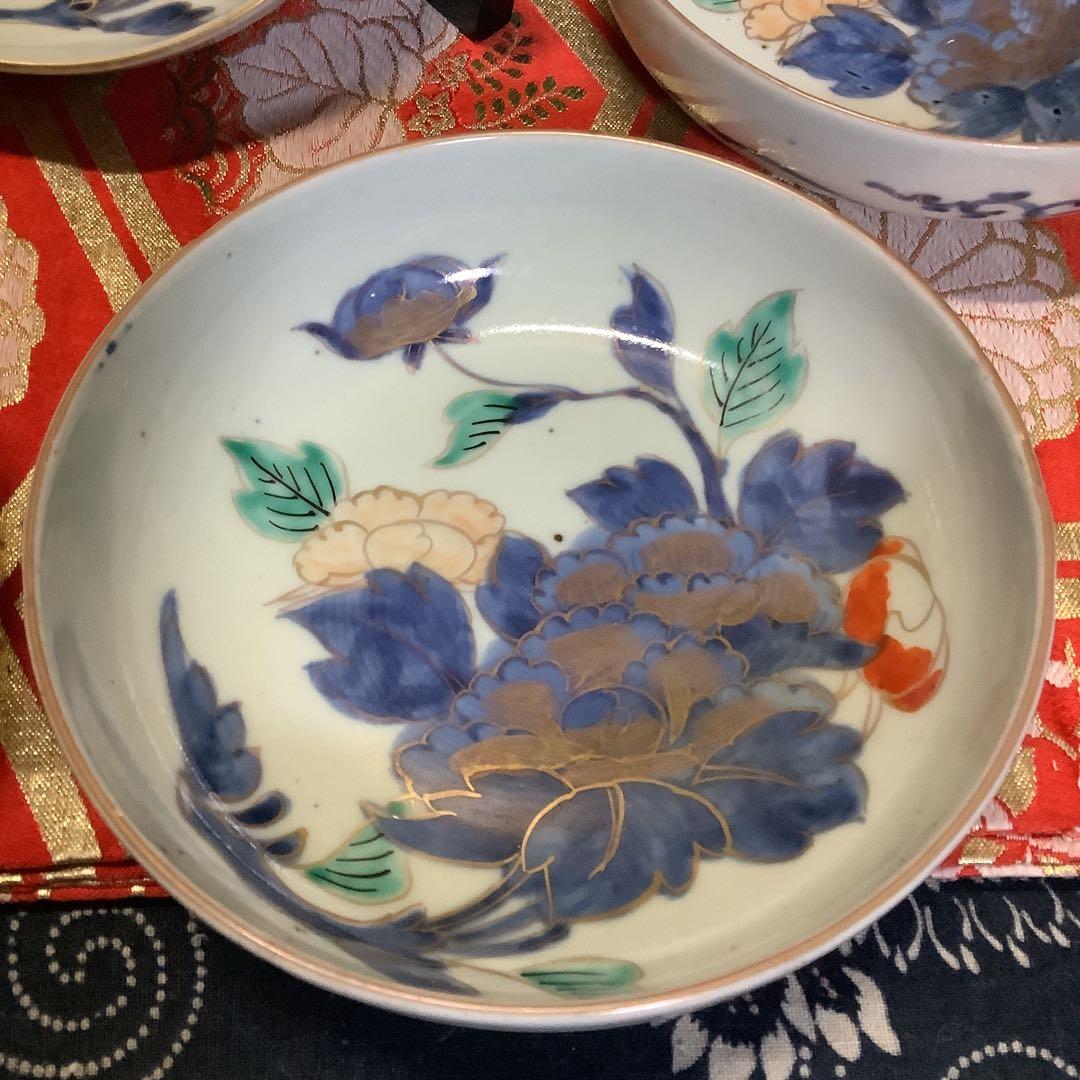 古伊万里　絵皿　江戸　金彩色絵　膾皿　花絵　5客　李朝・九谷焼・輪島塗好きに