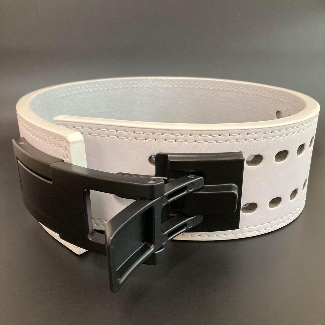 本革パワーリフティングベルト Mサイズ ワンタッチ可変式　白×バックルマット黒