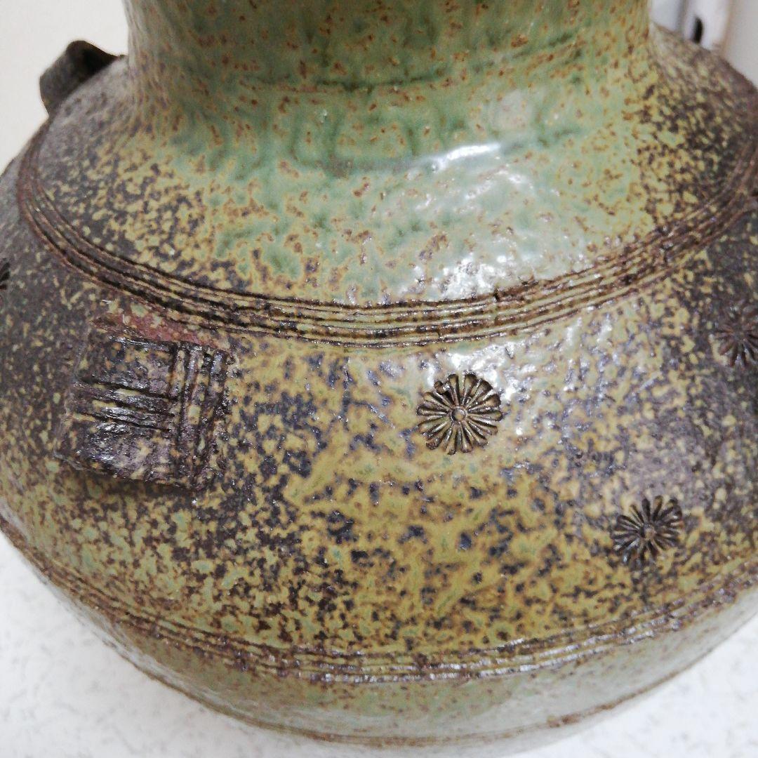 信楽焼　花器　灰釉印花文四耳壺