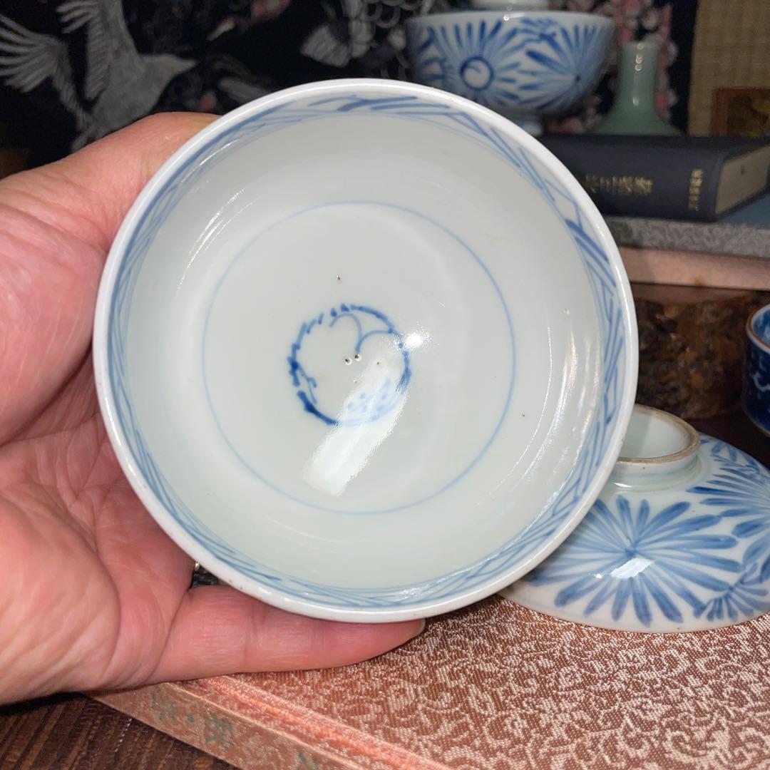 青い花模様 古伊万里　江戸　蓋付き 飯椀　染付け アンティーク 骨董 2枚