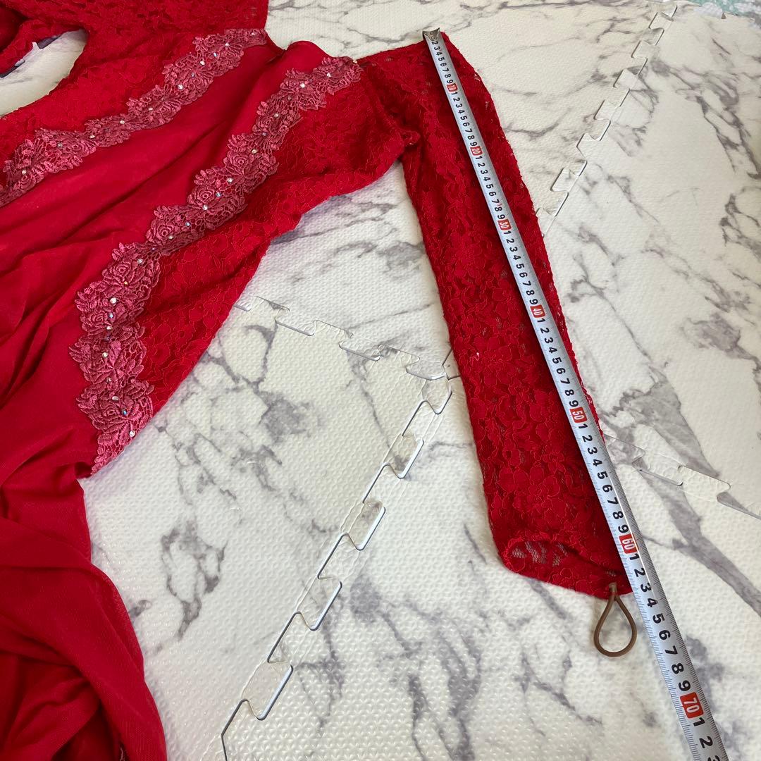 社交ダンスドレス　赤いロングドレス　レッスンウェア　ミニデモ　パティー　S〜M