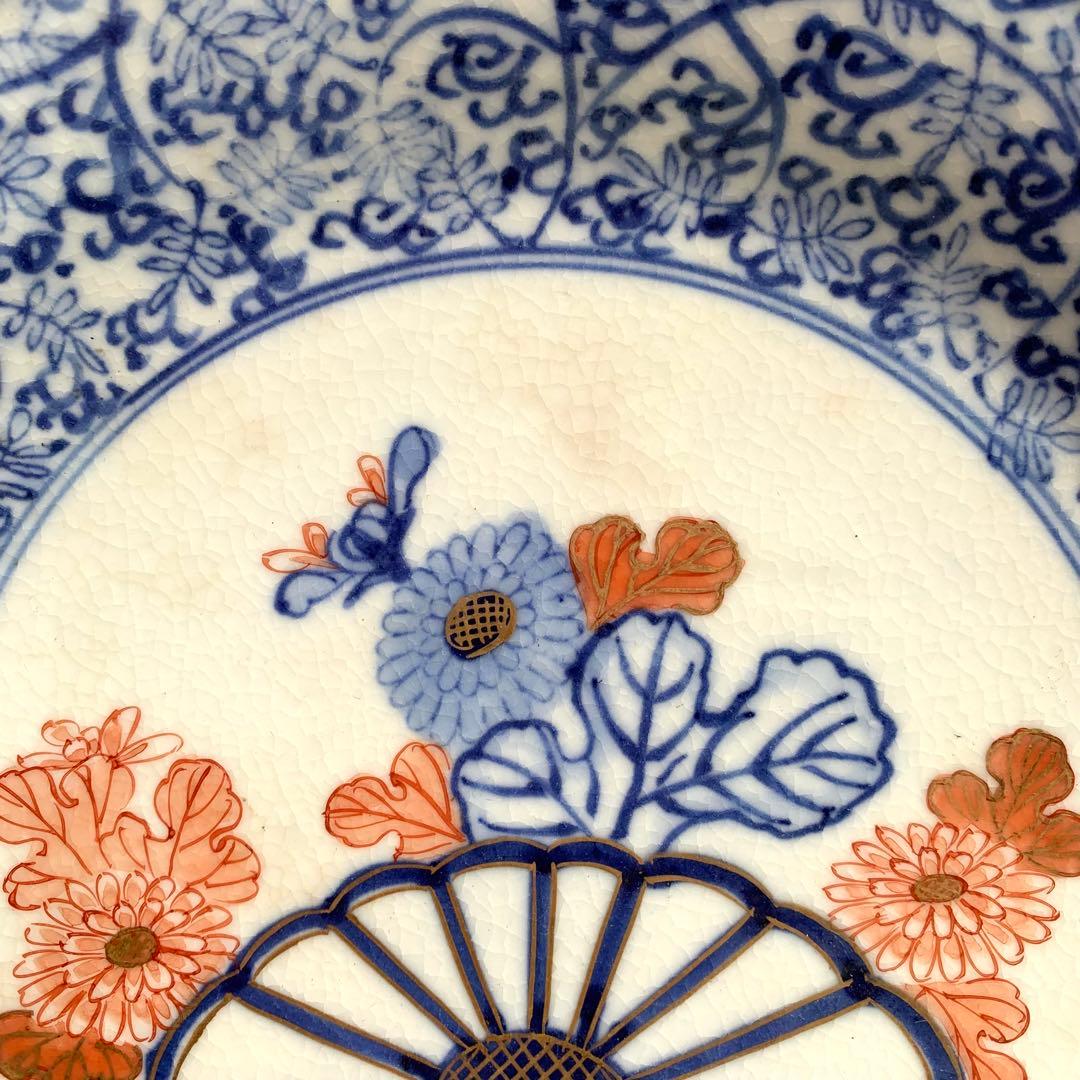 ★貫入有★大聖寺伊万里　菊花微塵唐草文　中皿　金襴手　角福　18cm　5客セット