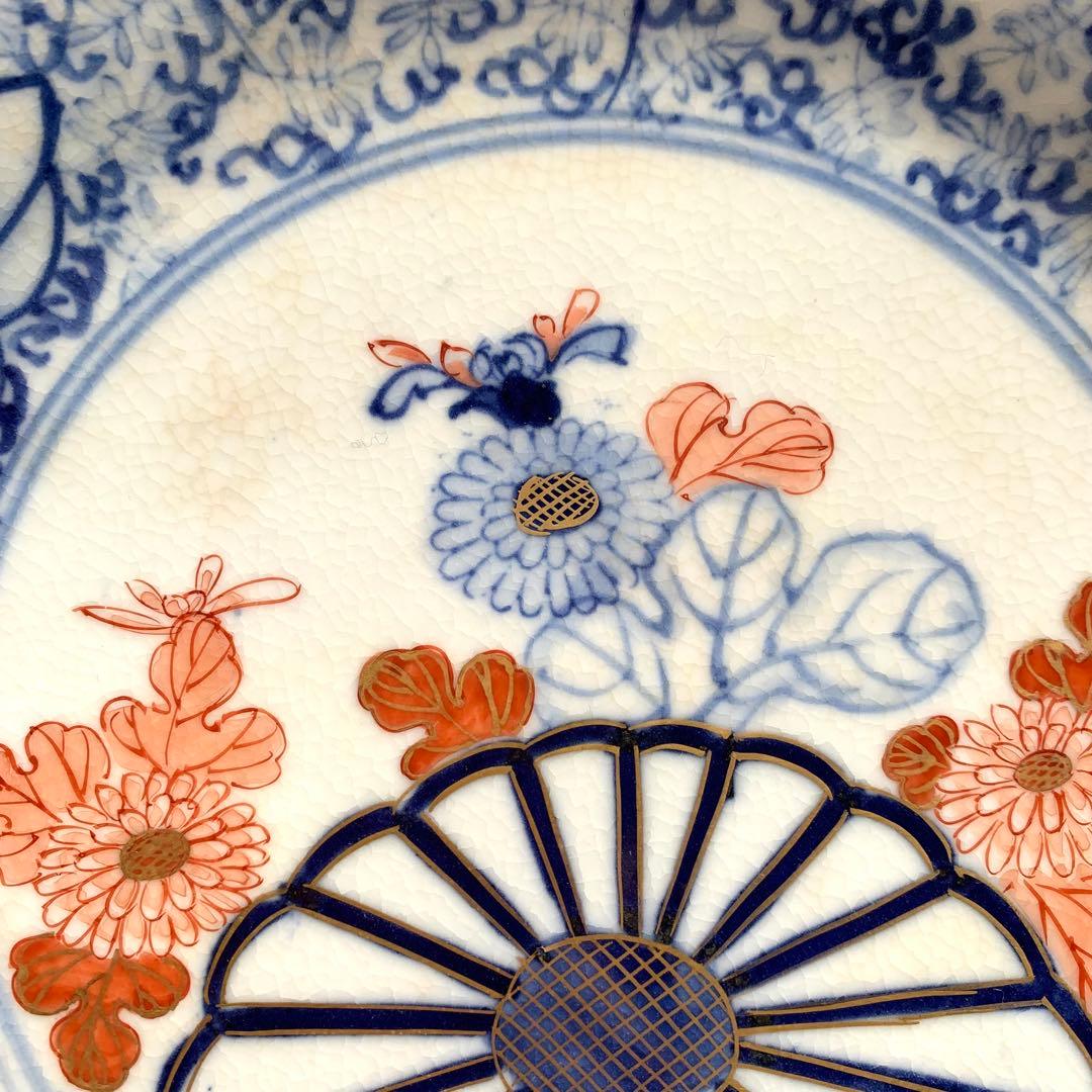 ★貫入有★大聖寺伊万里　菊花微塵唐草文　中皿　金襴手　角福　18cm　5客セット