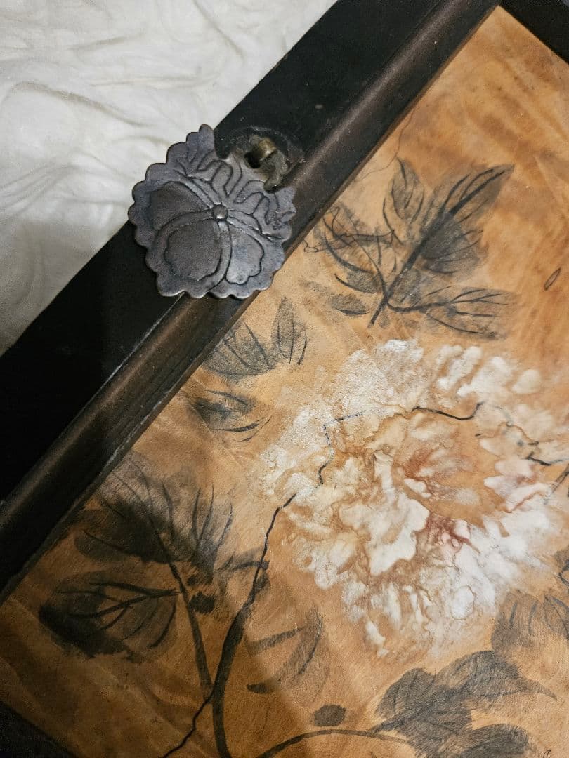 板絵「富貴花開」 牡丹図 五三桐紋金具 時代物　稀少品