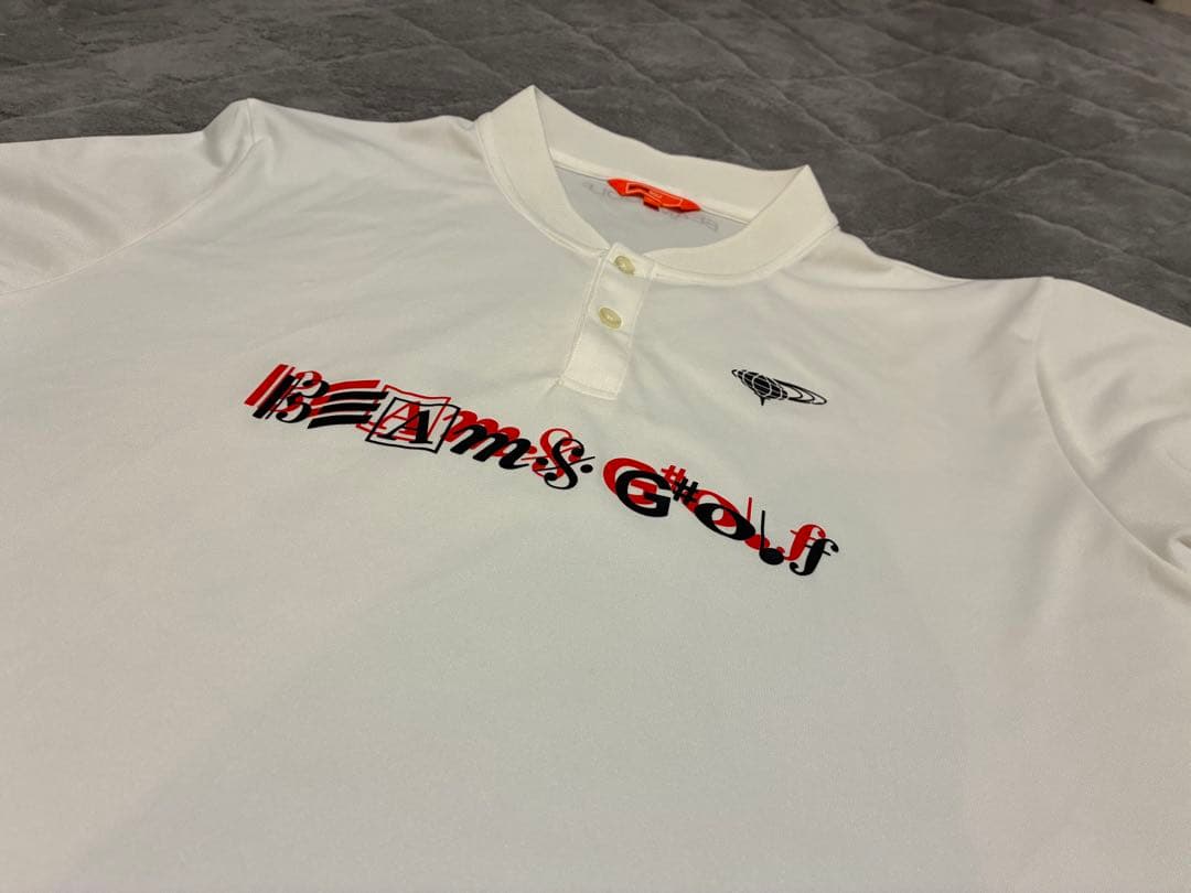BEAMS GOLF モックネック 半袖ポロシャツ ロゴ ホワイト