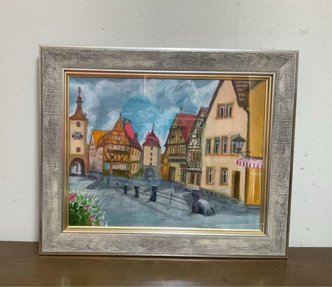 油彩画　「中世の街並み」　原画　額付　F6