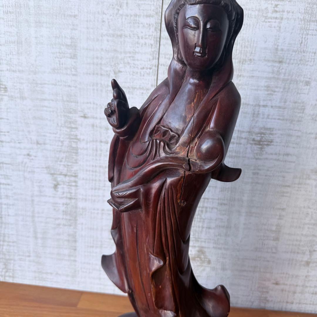 特大 45cm 木彫り 観音菩薩像 仏像 彫刻 骨董 レトロ