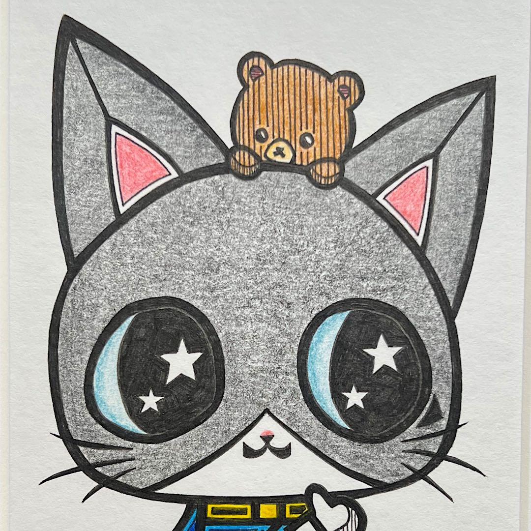 動物 原画 絵 手描き 癒し 猫 アート 一点物 額縁付 『ブルー』