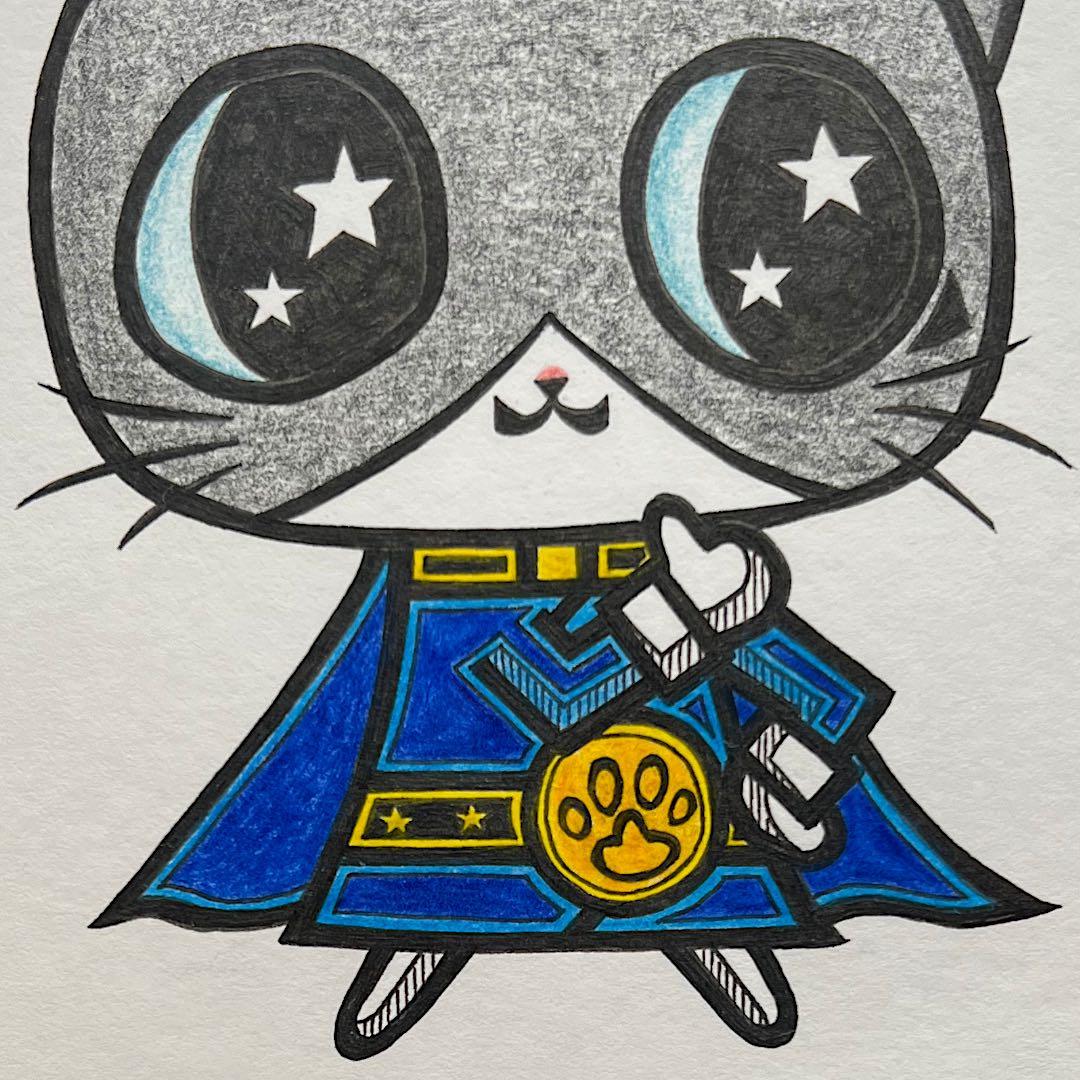 動物 原画 絵 手描き 癒し 猫 アート 一点物 額縁付 『ブルー』