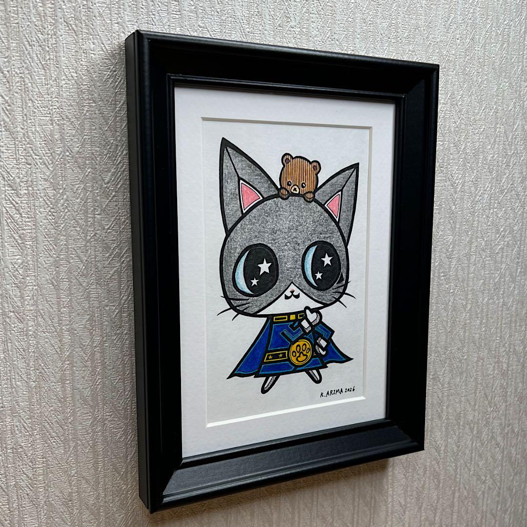 動物 原画 絵 手描き 癒し 猫 アート 一点物 額縁付 『ブルー』