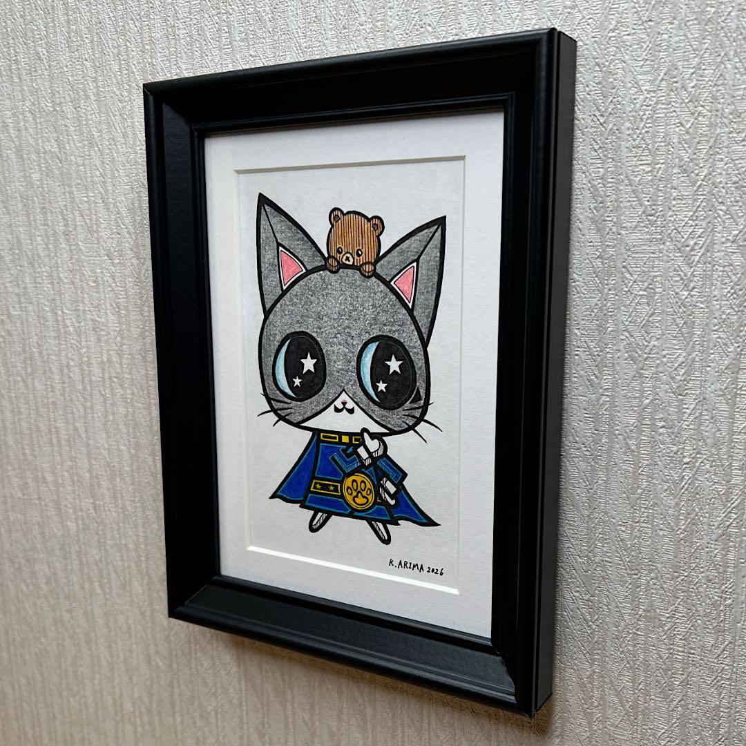 動物 原画 絵 手描き 癒し 猫 アート 一点物 額縁付 『ブルー』