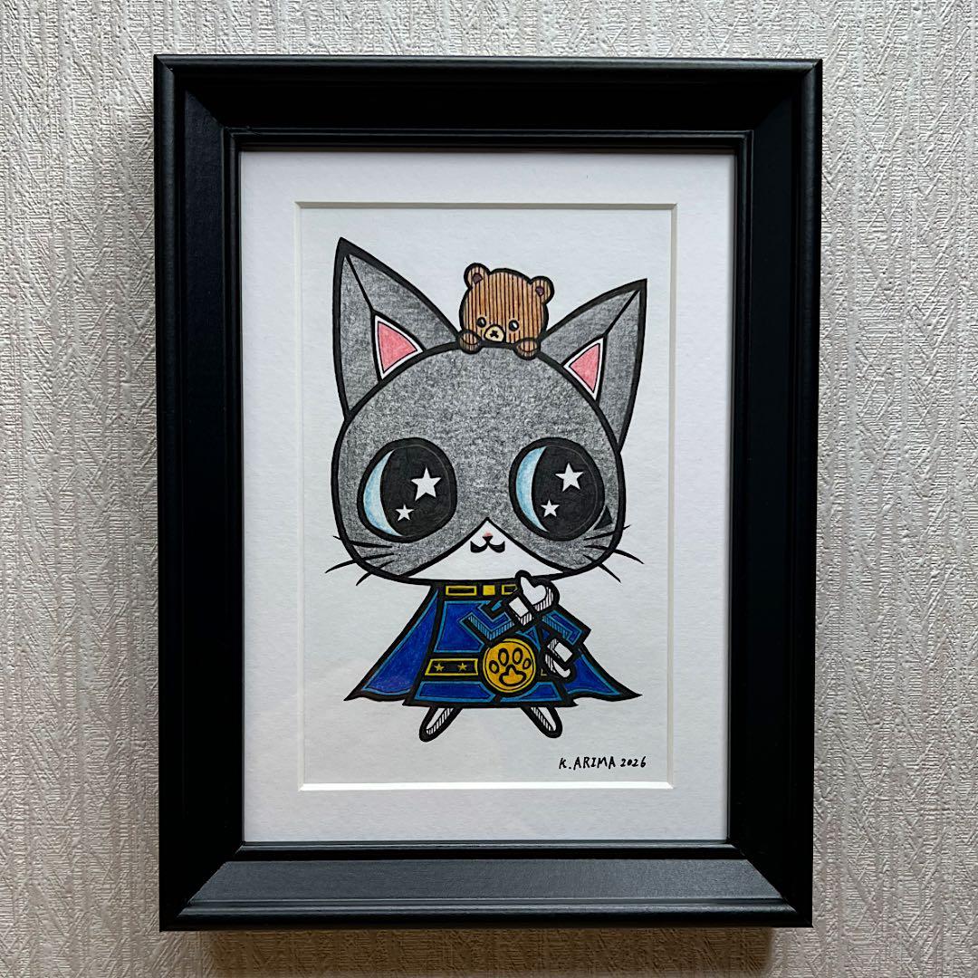 動物 原画 絵 手描き 癒し 猫 アート 一点物 額縁付 『ブルー』