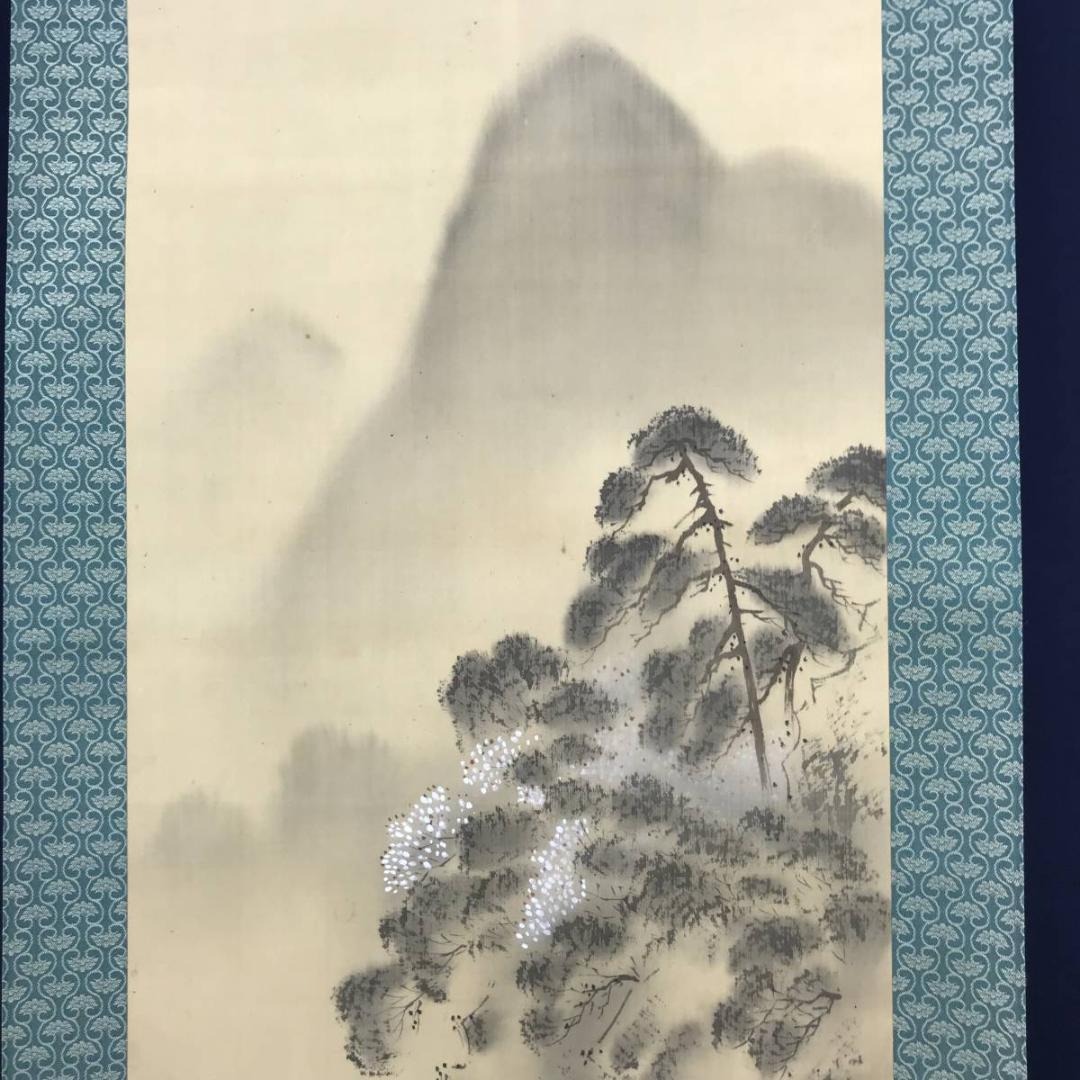 【真作】霞舟/桜花山水筏下り図/嵐峡/嵐山/山水図/掛軸/名家伝来/AB-731