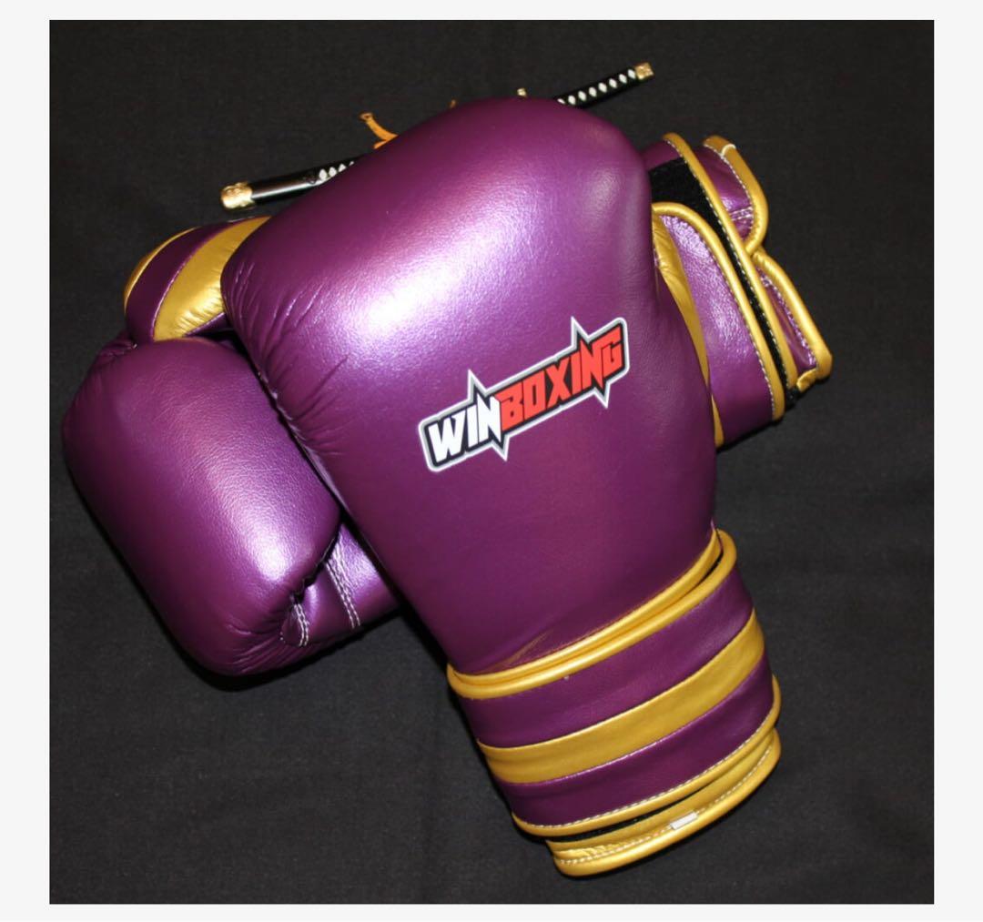 WINBOXING 高級牛皮革ボクシンググローブ 紫と金