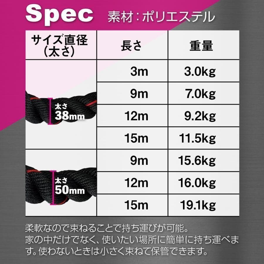 トレーニングロープ バトルロープ 38mm×長さ12m プログレード 付き 9