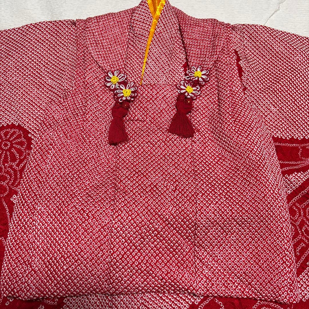 着物セット　３歳　総絞り　七五三　着物　被布　赤色　金駒刺繍　美品
