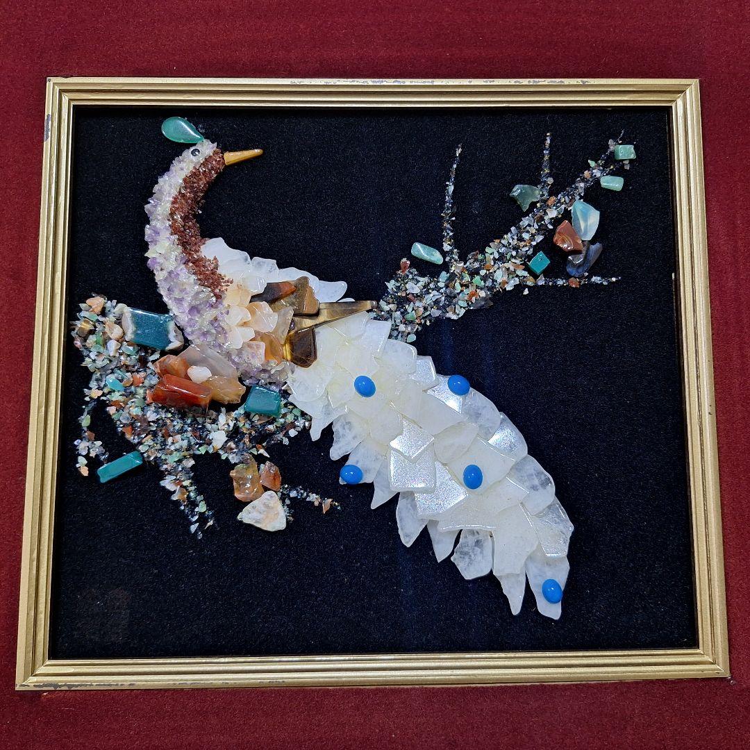 天然石モザイク 鳥 額装 宝石画 インテリアアート