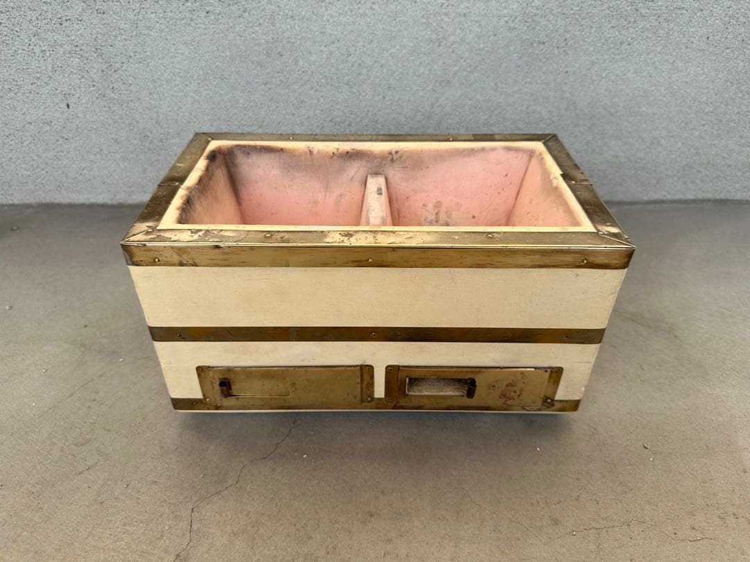 奥能登 天然珪藻土切出し七輪 真鍮巻長角型大判 左右独立タイプ 備品付 炭火調理