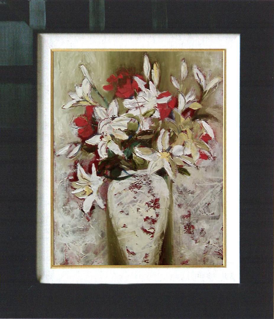 油絵 菅家令子絵 絵画インテリア額付(青緑＋金色の枠) uF6-112402ゆり