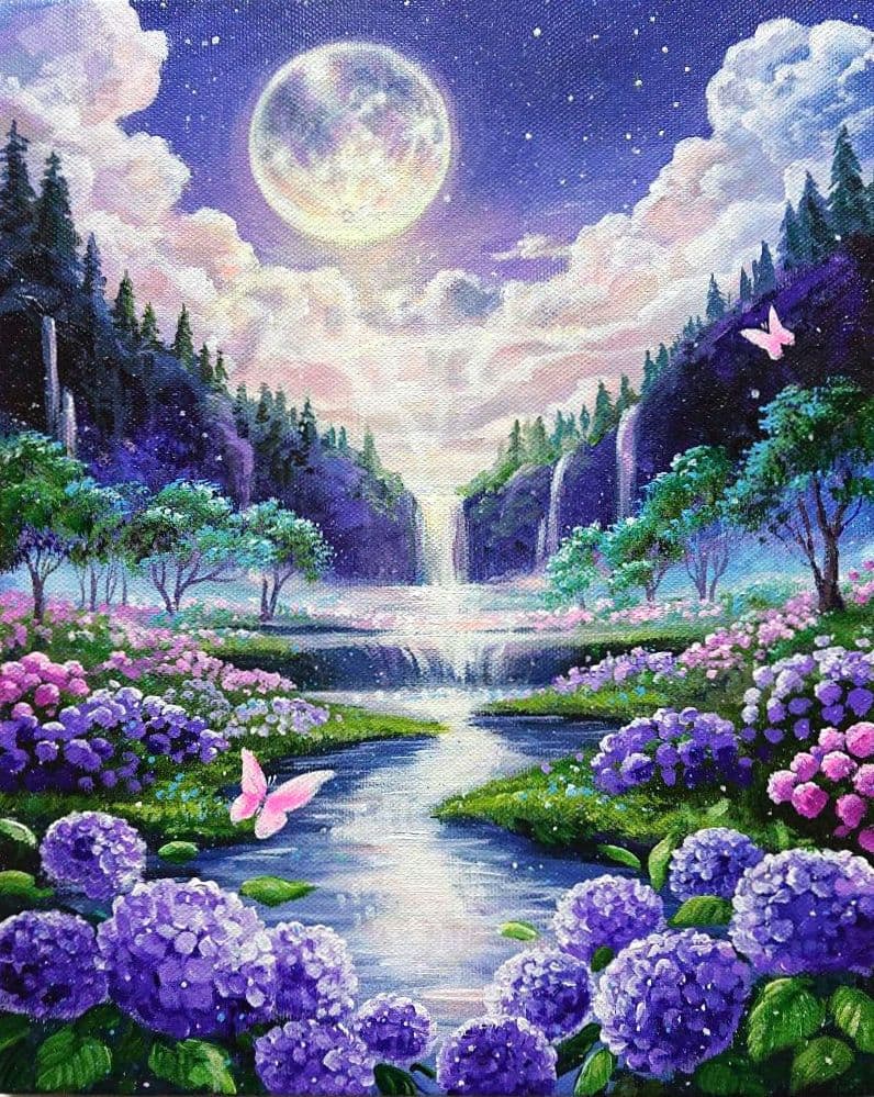 【紫陽花が見る月】アクリル画 F3 風景画 絵画