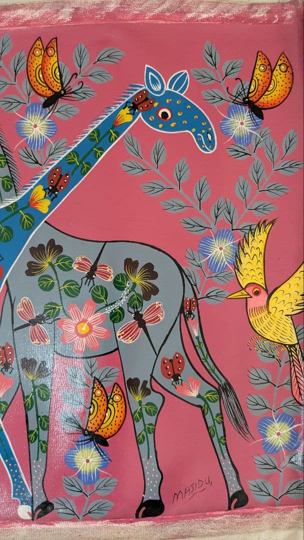 ●アフリカの絵画、ティンガティンガ、花キリン、Majidu、50×60cm