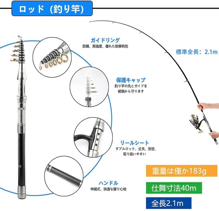 釣り竿セット 2.1m 日本語入門ガイド付き 初心者 炭素伸縮ロード