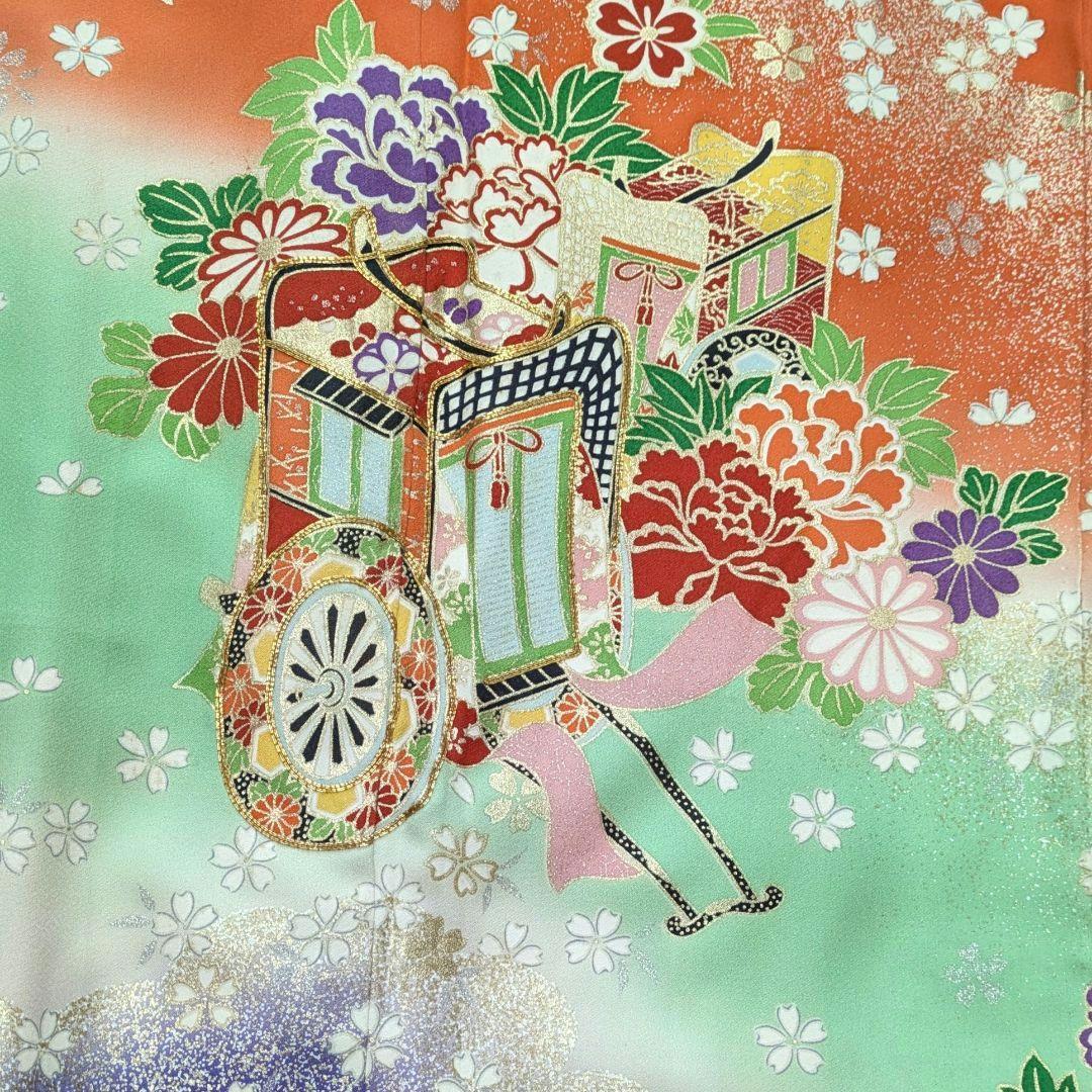7歳　正絹朱桜御所車　七五三　お着物・作り帯・筥迫セット