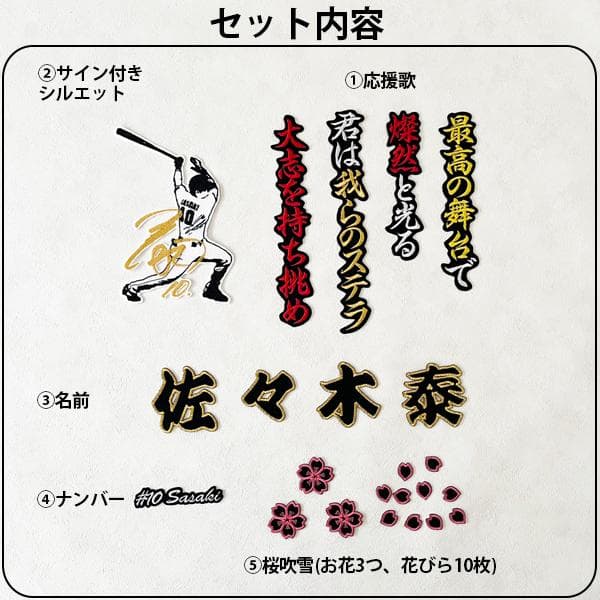広島カープ　佐々木泰　刺繍ワッペン 5点セット【黒】桜ふちピンク　応援歌