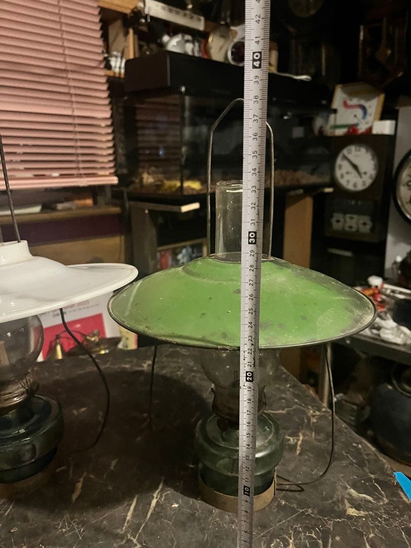 アンティークランプ、石油ランプ、傘付きランプ、陶器傘、ホーロー傘、アルミ傘の３個