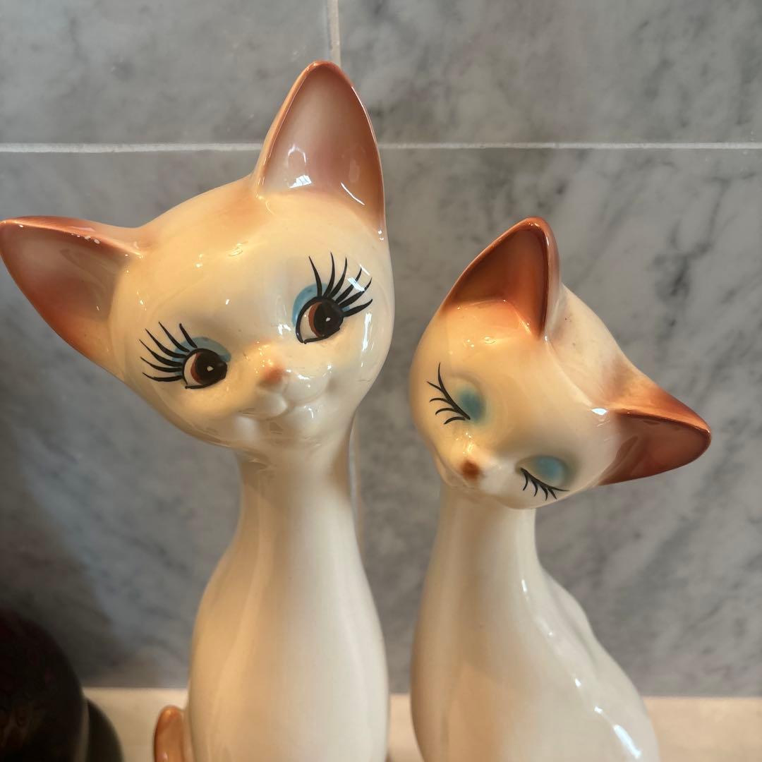 アメリカ80年代ビンテージ　手描きの瞳やまつ毛が美しい上品なペア猫ちゃん特大陶器