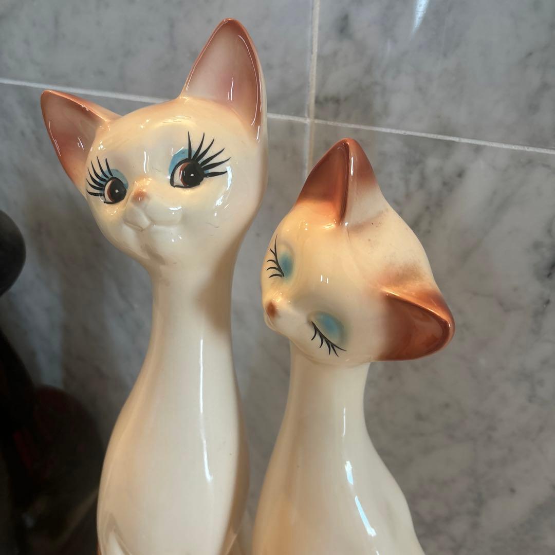 アメリカ80年代ビンテージ　手描きの瞳やまつ毛が美しい上品なペア猫ちゃん特大陶器
