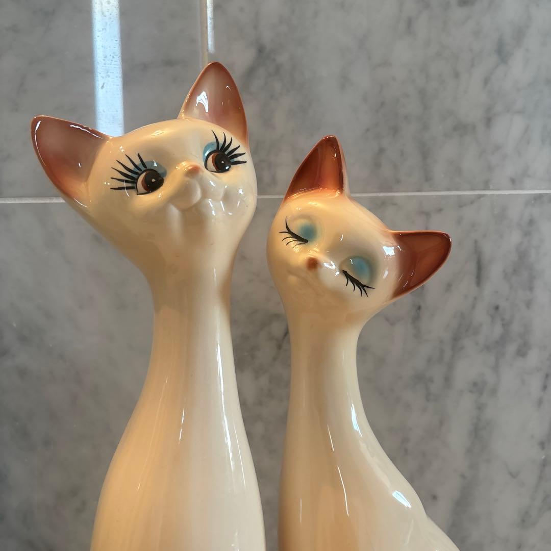 アメリカ80年代ビンテージ　手描きの瞳やまつ毛が美しい上品なペア猫ちゃん特大陶器