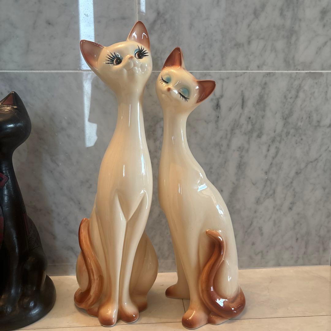 アメリカ80年代ビンテージ　手描きの瞳やまつ毛が美しい上品なペア猫ちゃん特大陶器
