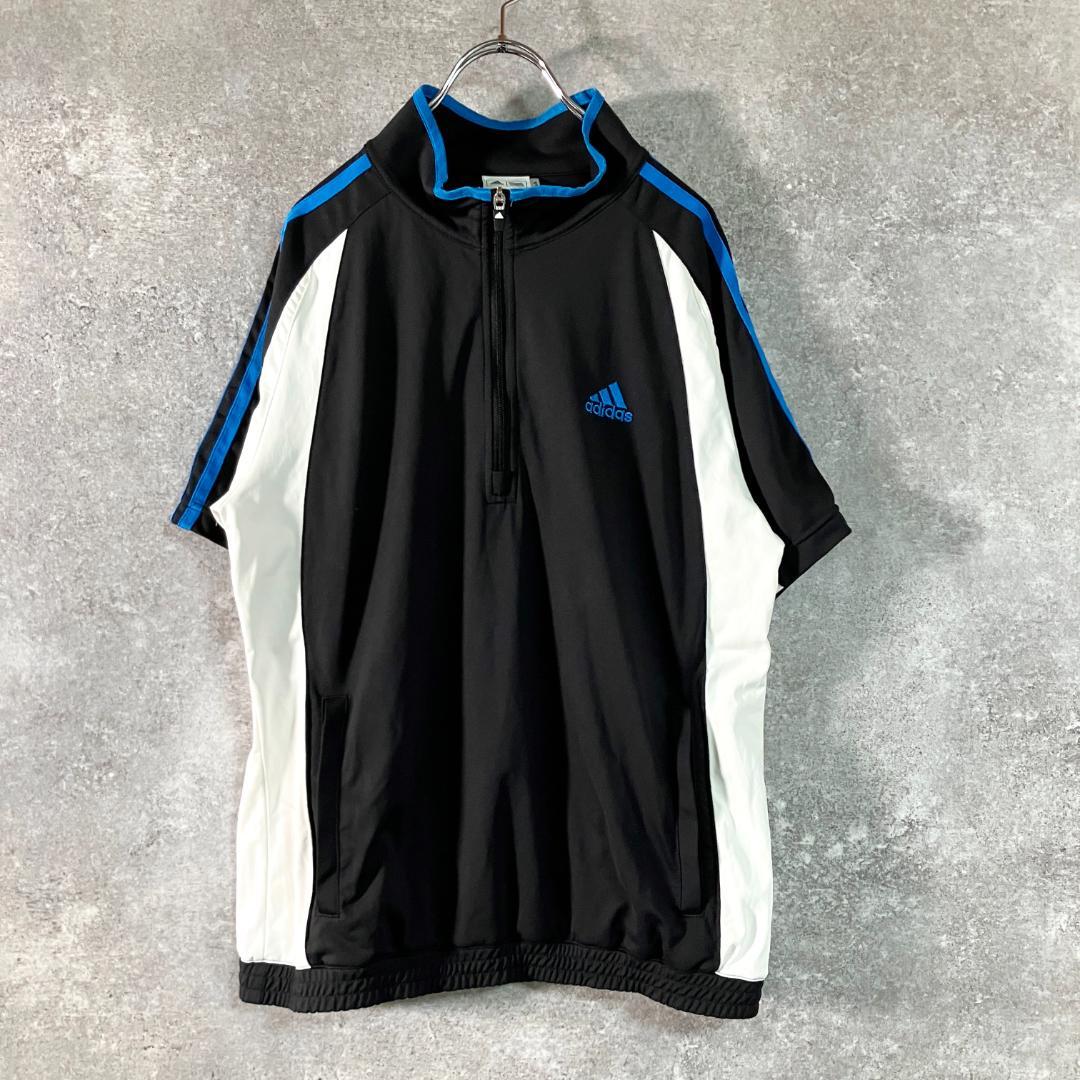 adidas　ハーフジップシャツ　半袖　ブラック　スリーライン　フィットネス