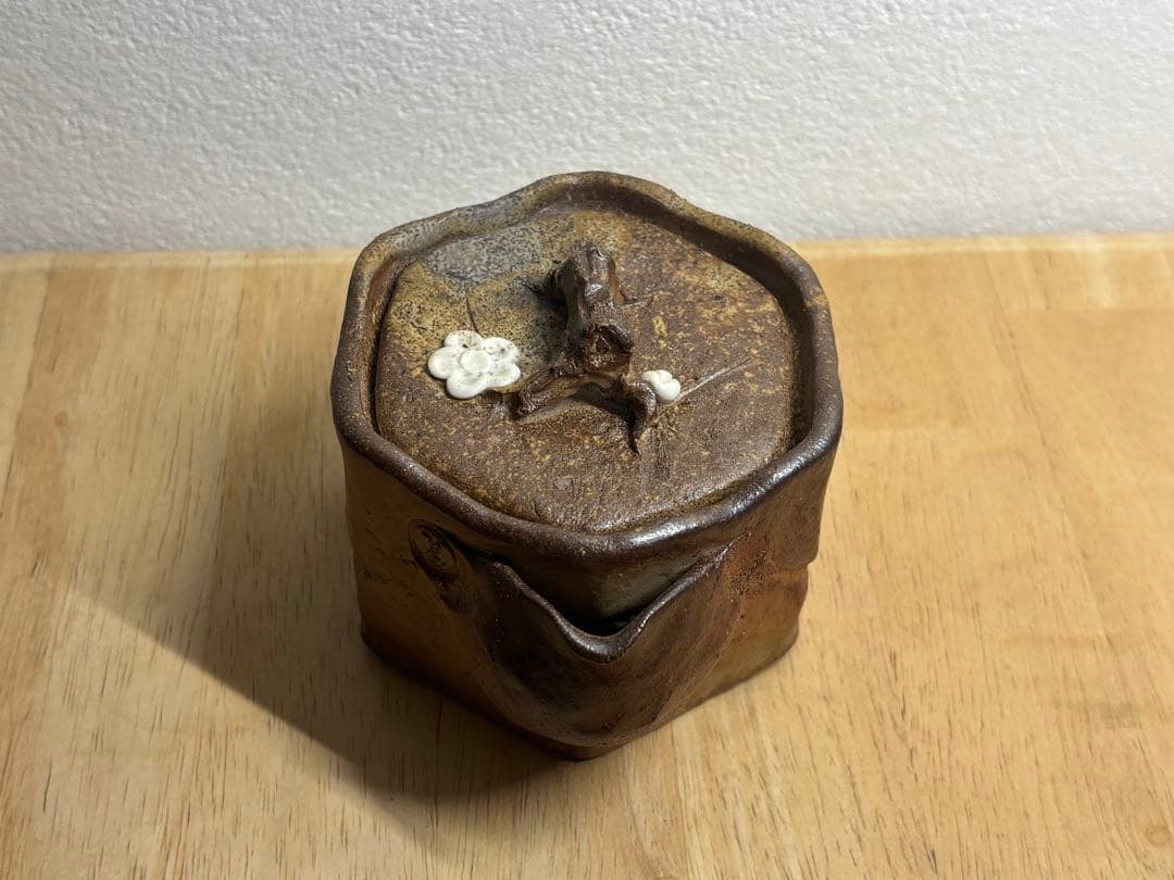 112. 備前焼 宝瓶 登り窯 白梅 6角 手びねり 急須