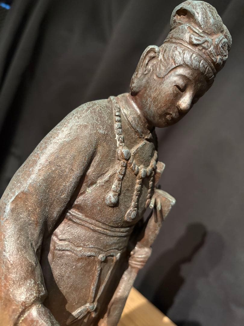 弁財天像 高さ約38cm 金属製 琵琶 七福神 桐箱付 古美術風(一部修復歴有)