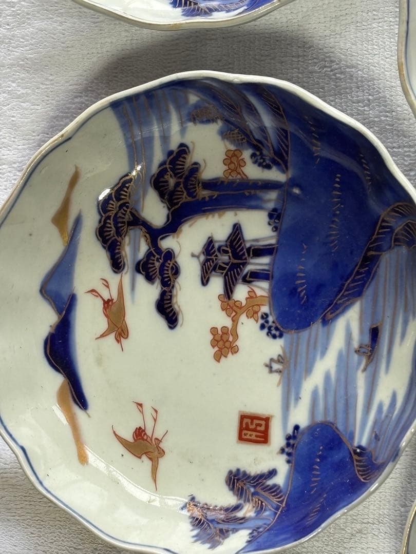 古伊万里　染錦風景画五寸皿5枚セット　なます皿　アンティーク骨董品