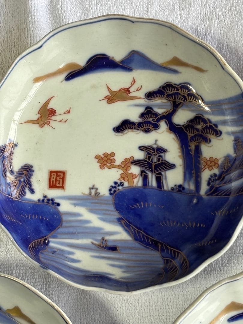 古伊万里　染錦風景画五寸皿5枚セット　なます皿　アンティーク骨董品
