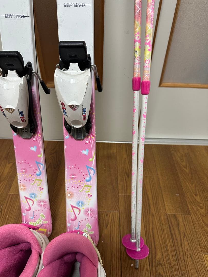 3セットKAZAMA スキー板126cm,ブーツ22.5,ストック100cm付