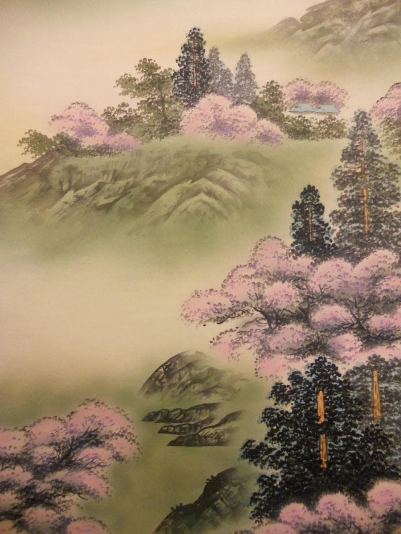 掛け軸 竹内松風 作 『 桜花山景 』 絹本 希少 軸装 茶道具 掛軸 美品