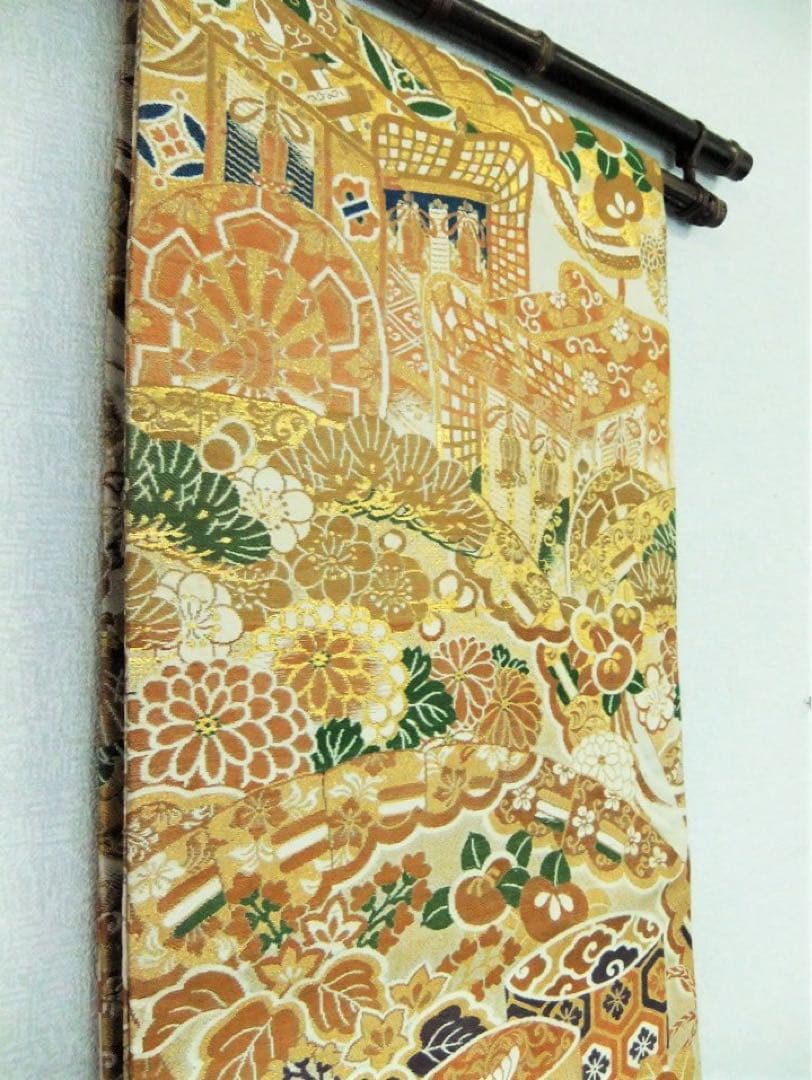 【(16)1657】204cm/昭和初期の丸帯/御所車古典柄/タペストリー
